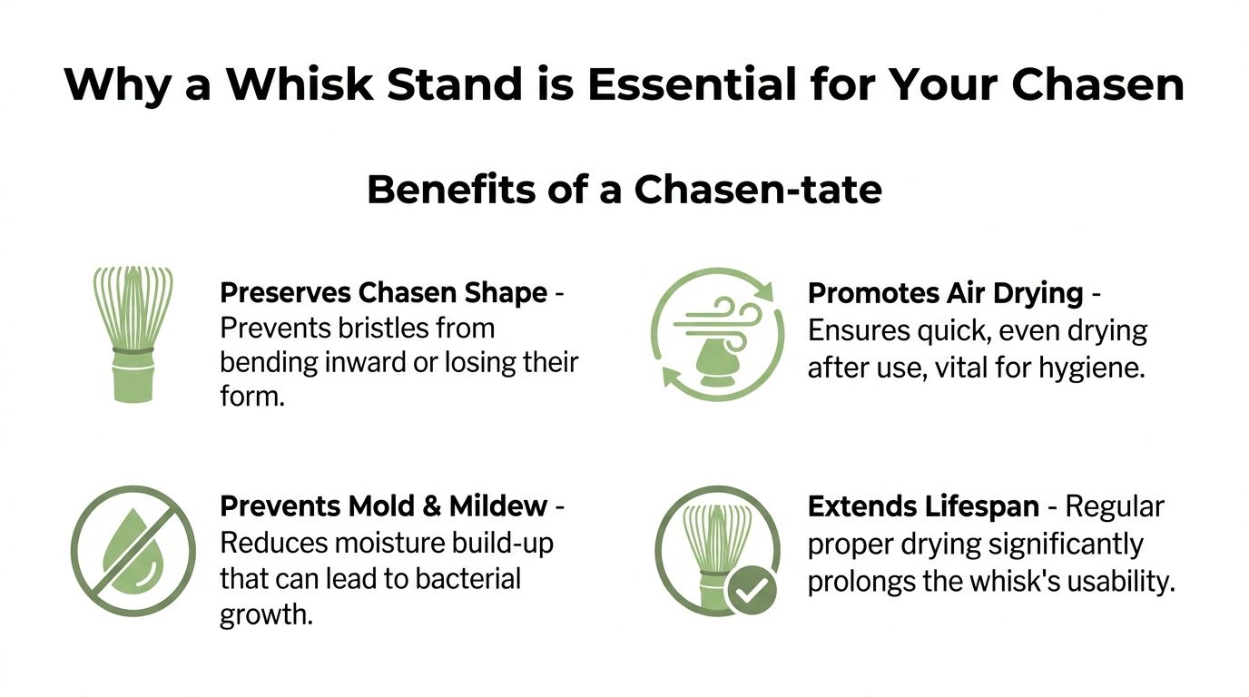 An infographic showing four key benefits of using a chasen-tate matcha whisk stand for proper maintenance.
