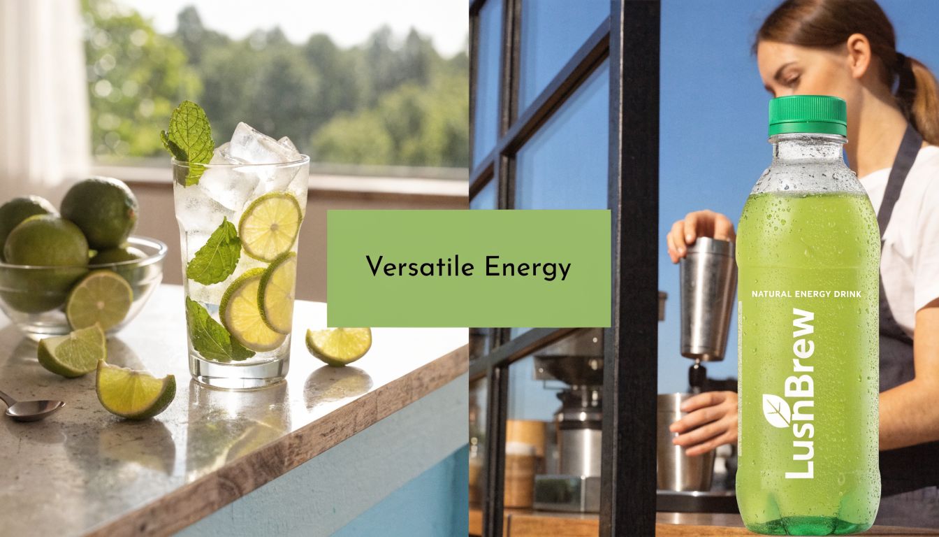 A refreshing lime drink with mint and ice next to a LushBrew natural energy drink bottle.