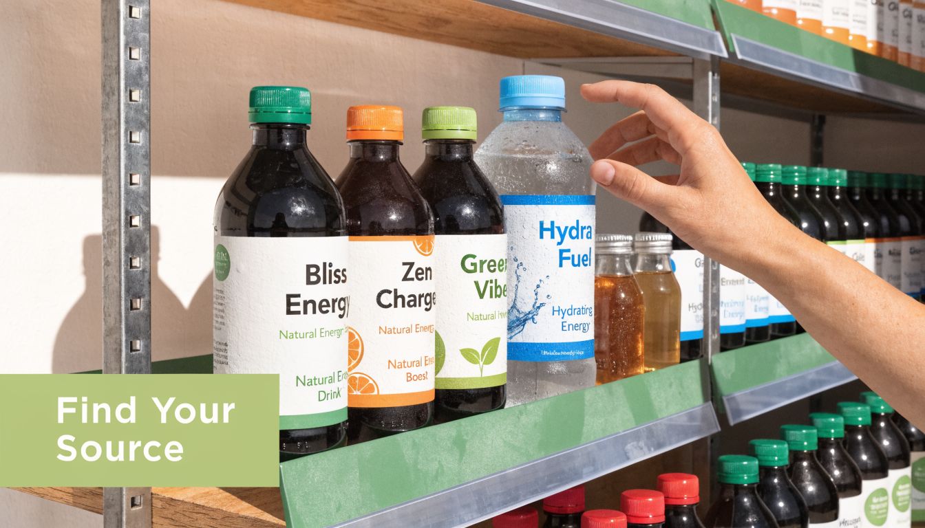 A hand reaches for a bottle of Hydra Fuel energy drink on a retail shelf display.