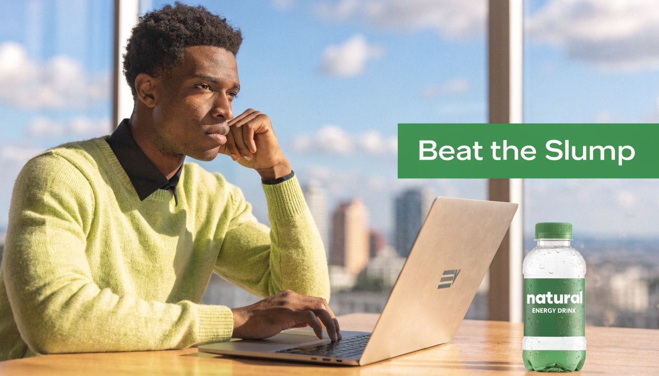 A professional man working on his laptop while sitting by a window with a bottle of natural energy drink.