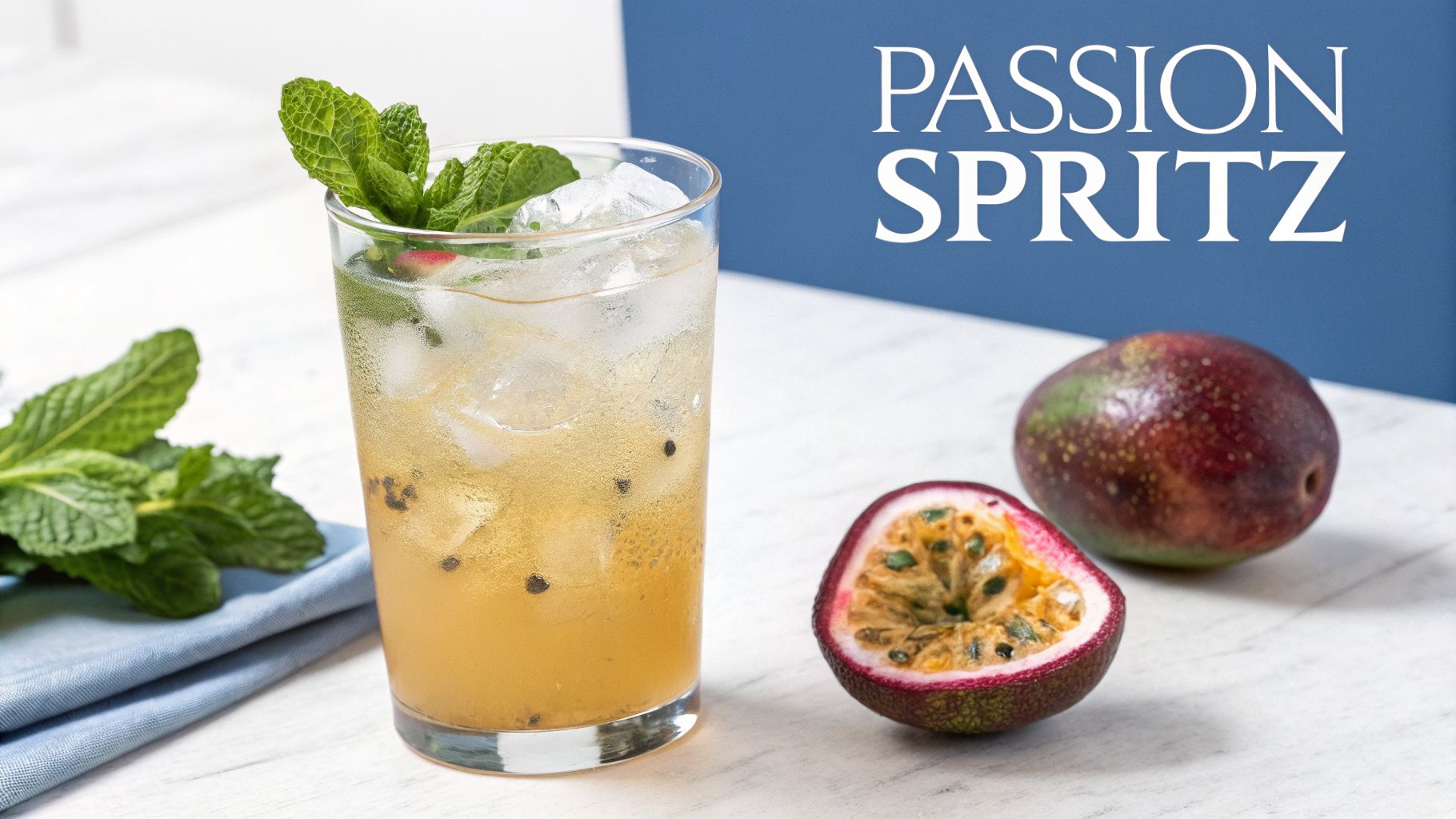 A refreshing passion fruit spritz cocktail with mint, ice, and whole and halved passion fruits on a white surface.
