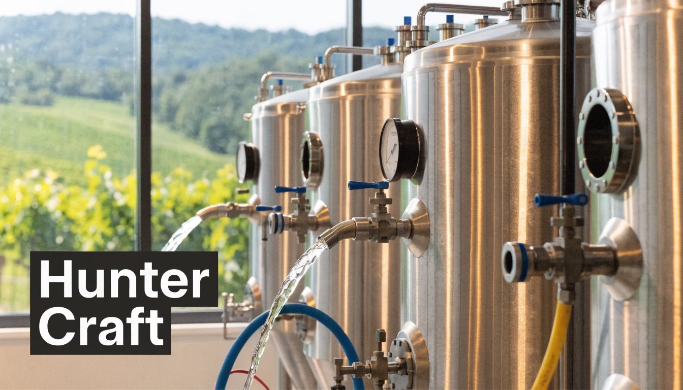 Stainless steel fermentation tanks dispensing kombucha in a modern brewery setting overlooking a green vineyard.
