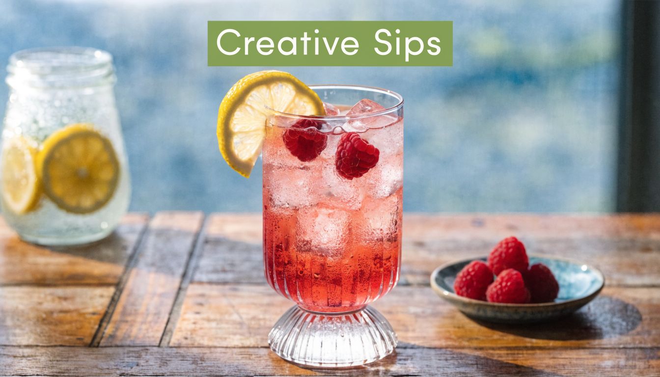 A chilled glass of raspberry lemonade kombucha garnished with a fresh lemon slice and whole raspberries.