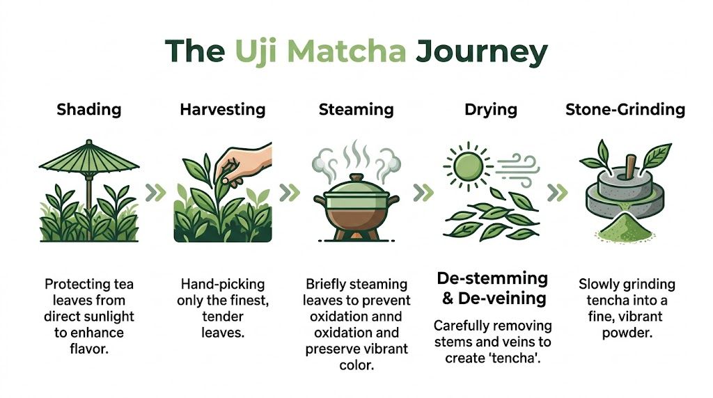 An infographic illustrating the traditional five-step production process of Uji matcha from shading to stone-grinding.