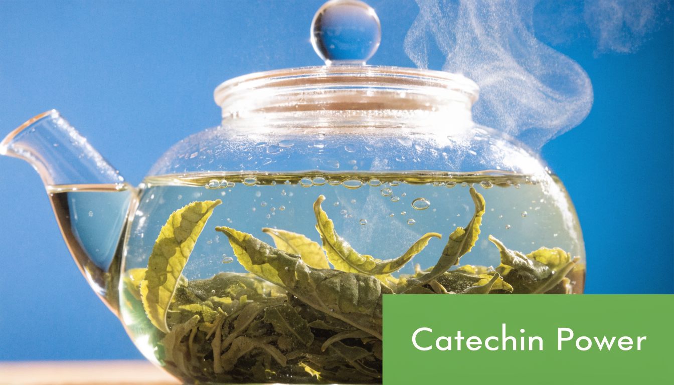 A clear glass teapot containing green tea leaves steeping in hot water against a blue background.