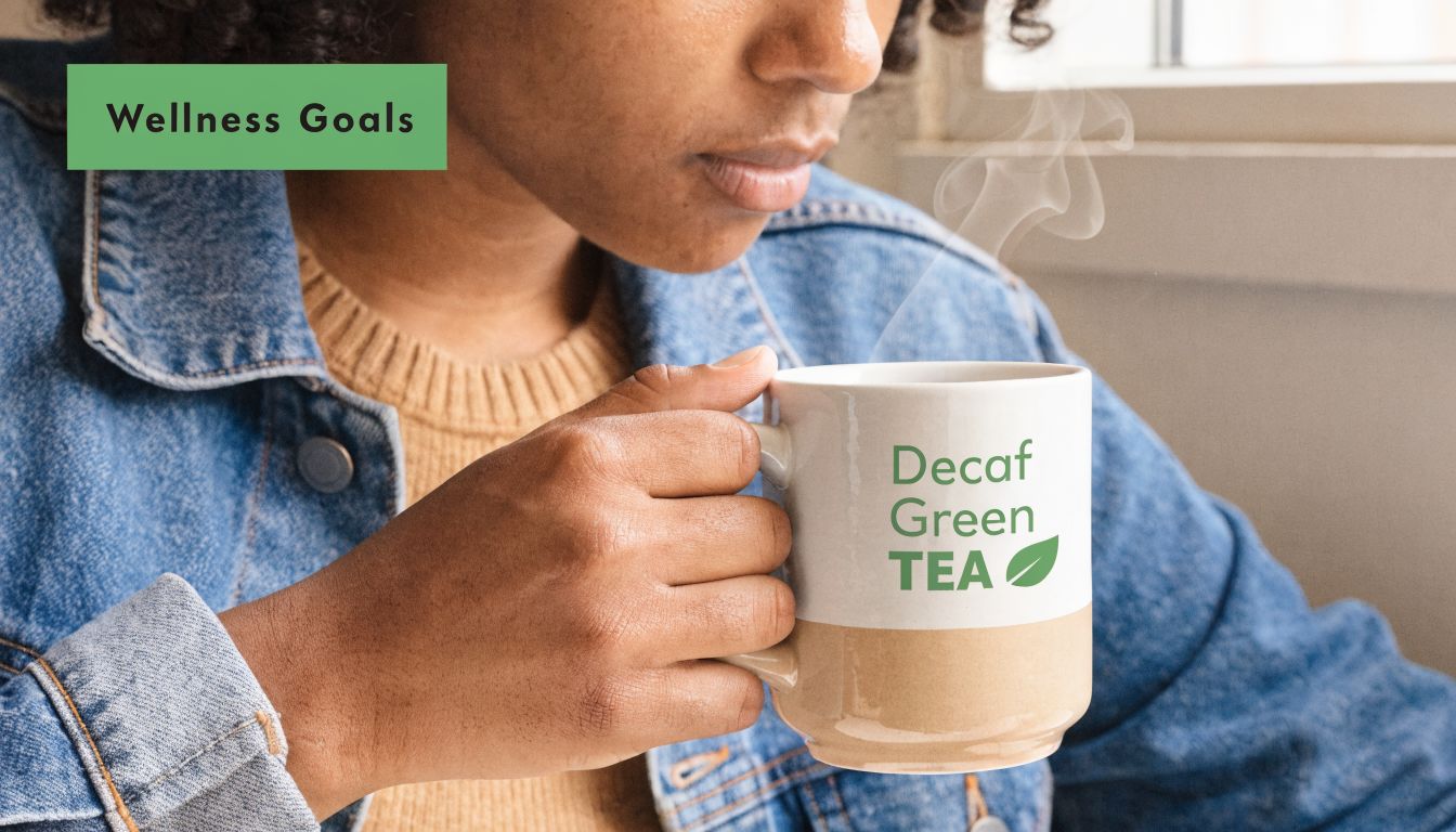 A person holding a steaming mug of decaf green tea, promoting healthy lifestyle and wellness goals.