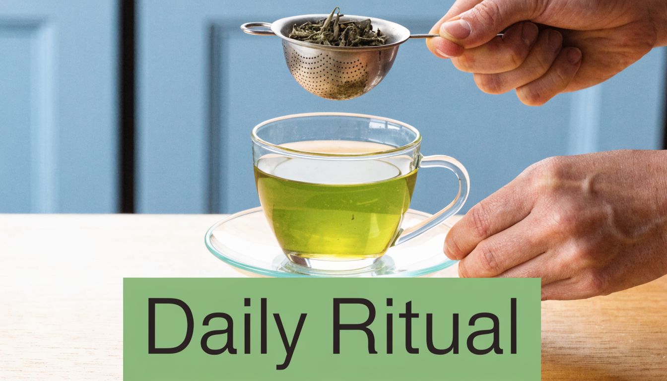 A hand holding a tea strainer over a glass cup of freshly brewed green tea.