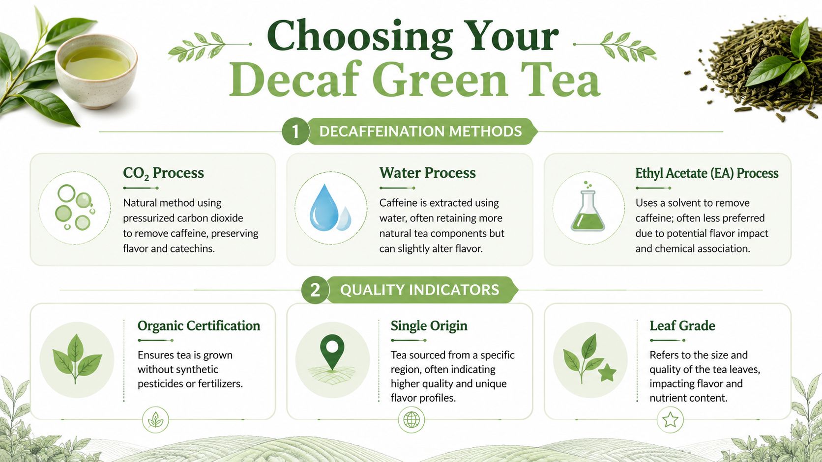 An infographic detailing different decaffeination methods and quality indicators for selecting premium decaf green tea products.