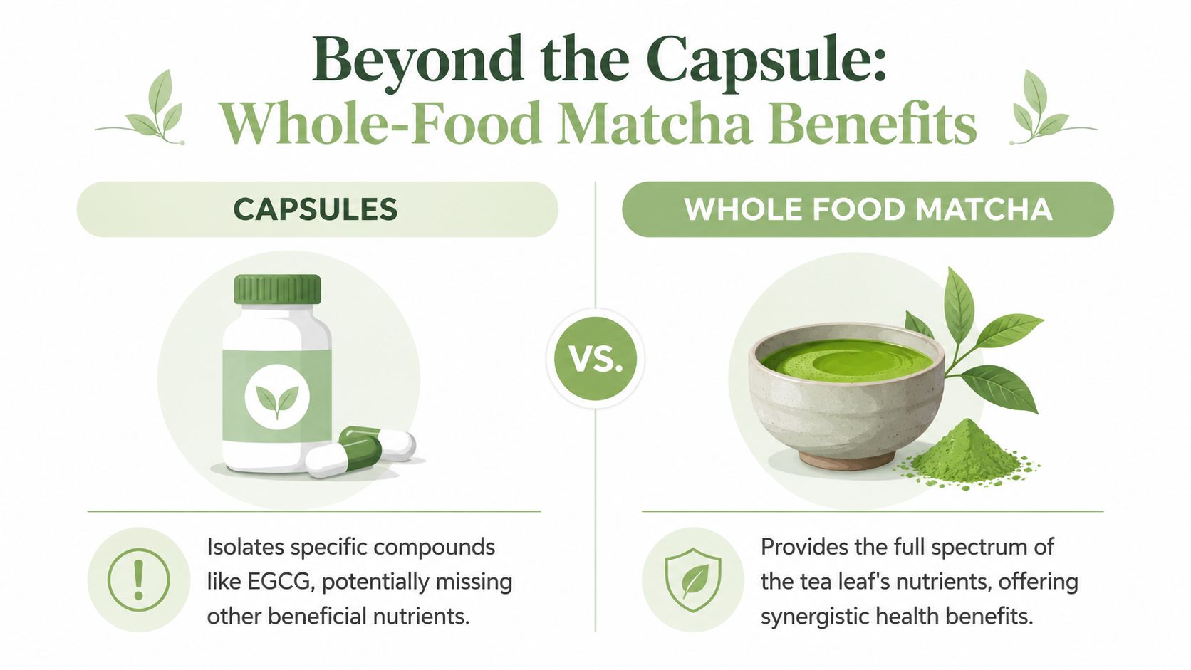 A comparison graphic showing the differences between matcha capsules and whole-food matcha green tea powder.