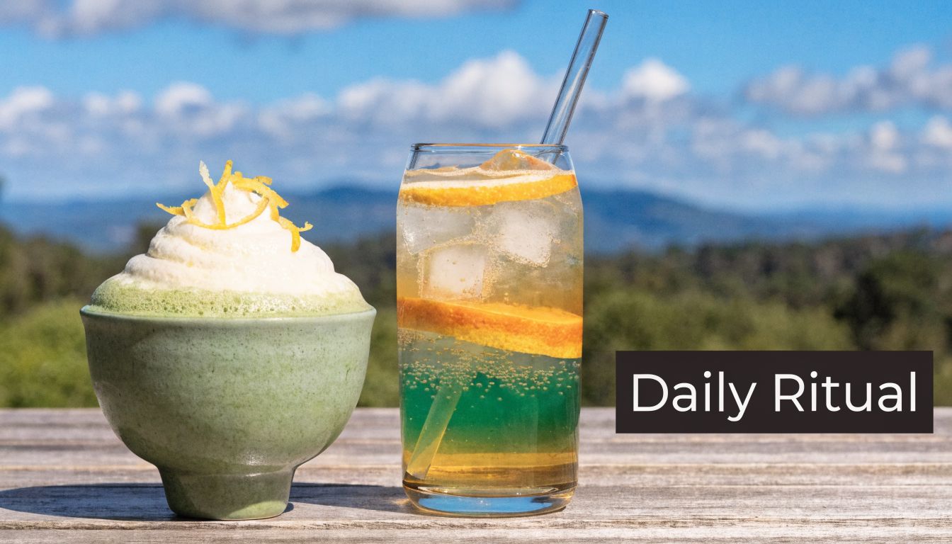 A green tea beverage and a colorful layered iced drink sitting on a wooden table outdoors.