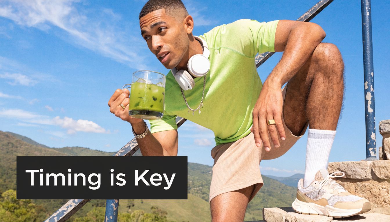 A fit man wearing sportswear drinks an iced green tea while resting on stone stairs outdoors.