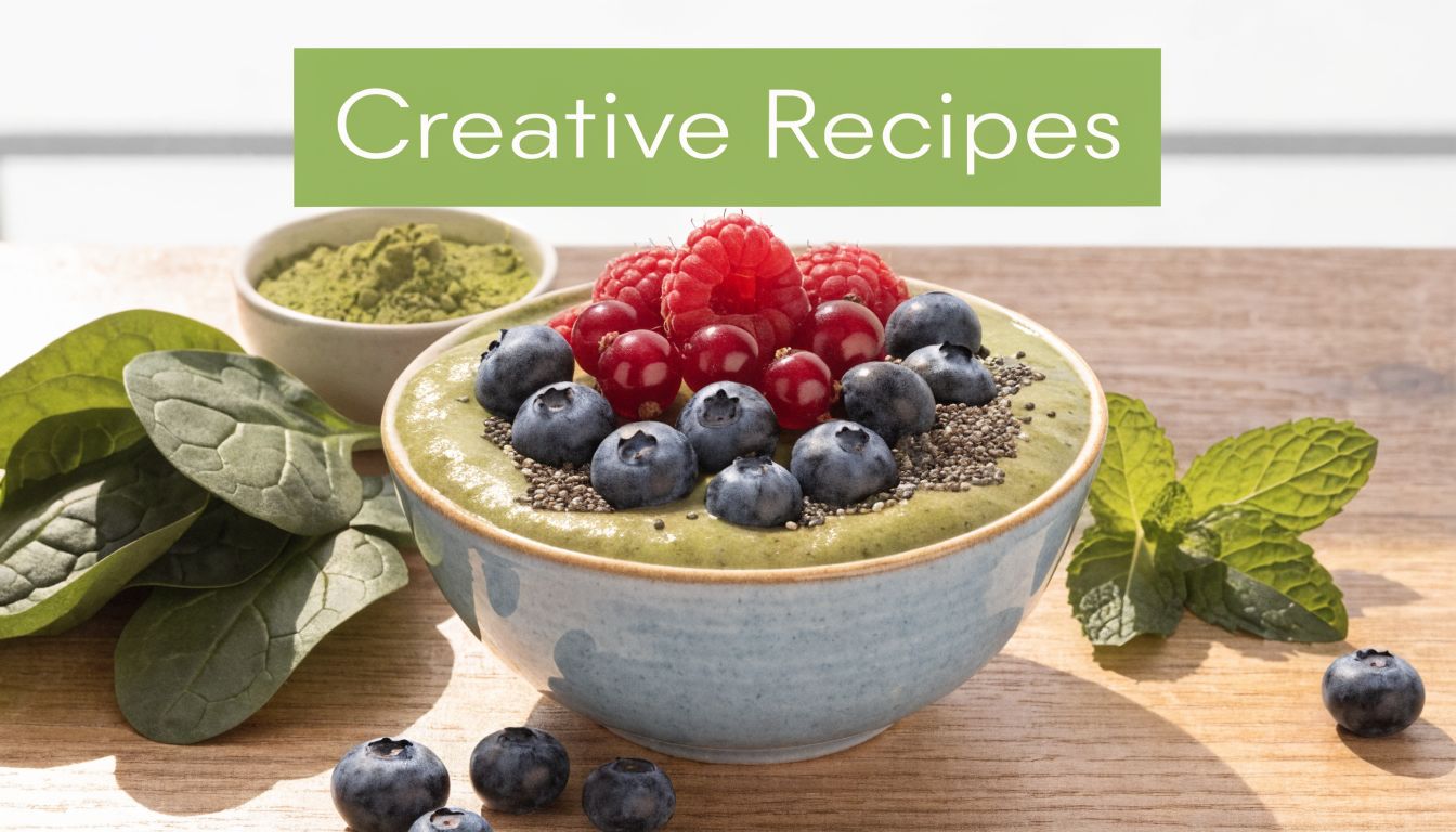 A healthy green smoothie bowl topped with fresh raspberries, blueberries, currants, and chia seeds on a wooden table.