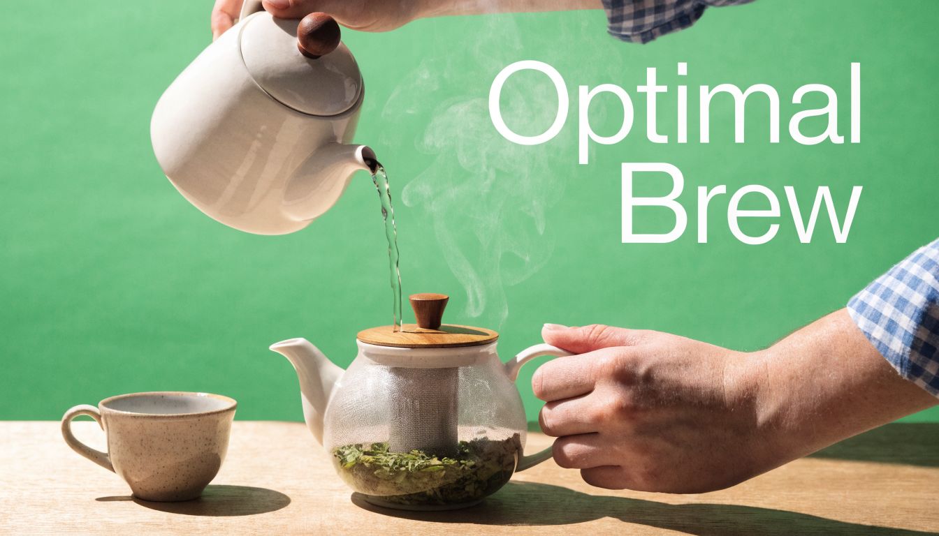 A person pouring hot water from a ceramic kettle into a glass teapot filled with green tea leaves.