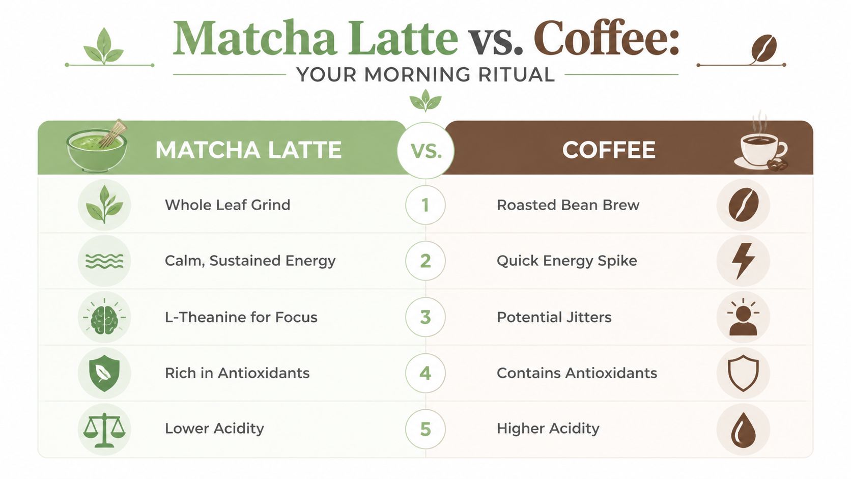 A comparison chart showing the differences between matcha latte and coffee benefits for morning routines.