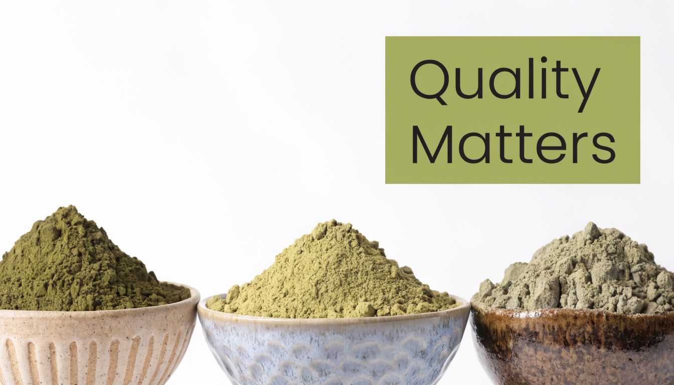 Three small decorative bowls filled with different shades of powdered green tea and herbal powders.