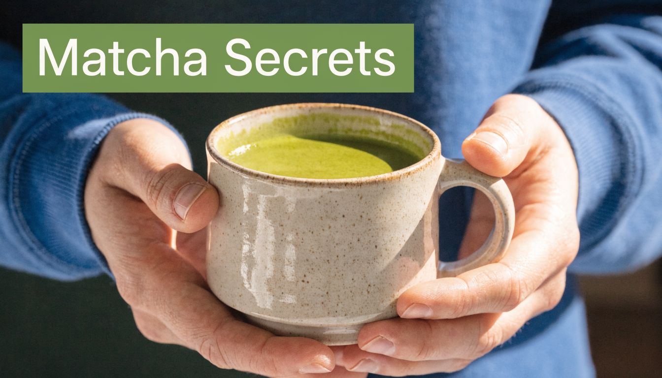 A person wearing a blue sweater holding a speckled ceramic mug filled with vibrant green matcha tea.