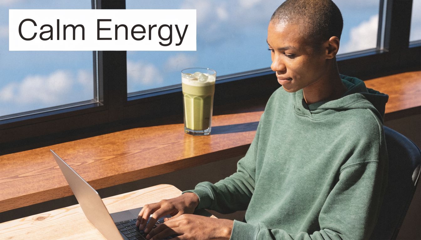 A person wearing a green hoodie typing on a laptop with a green matcha latte nearby.