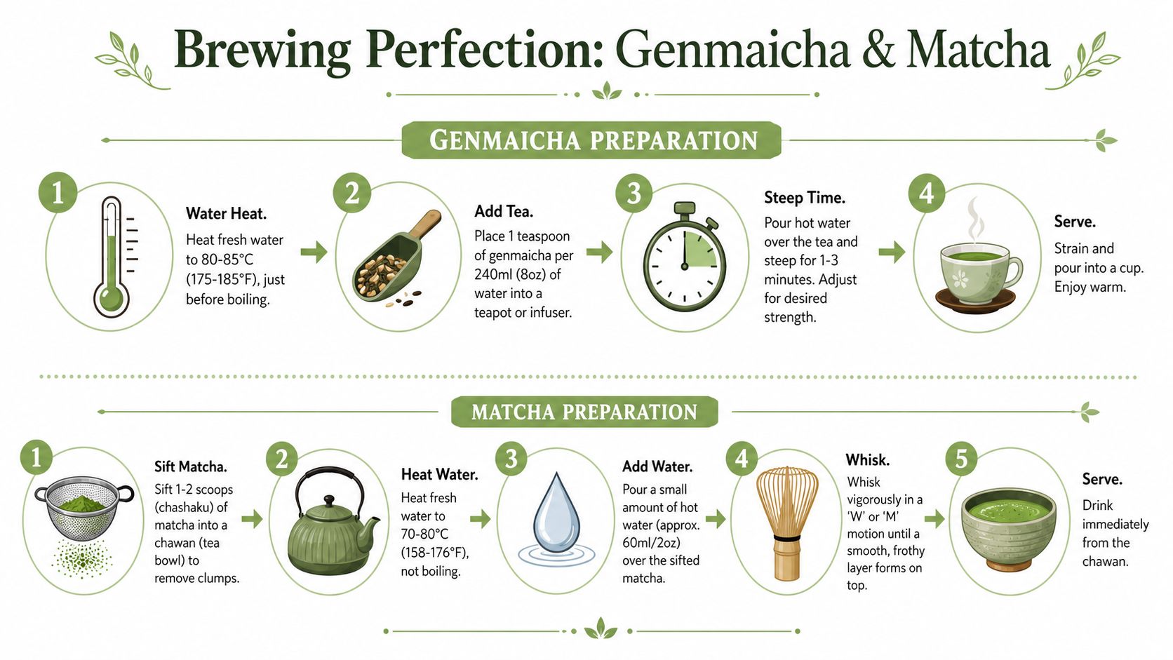 An instructional infographic comparing the step-by-step brewing processes for Genmaicha and Matcha green teas.