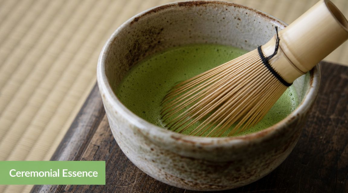 A bamboo whisk rests inside a ceramic bowl filled with vibrant green prepared matcha tea.