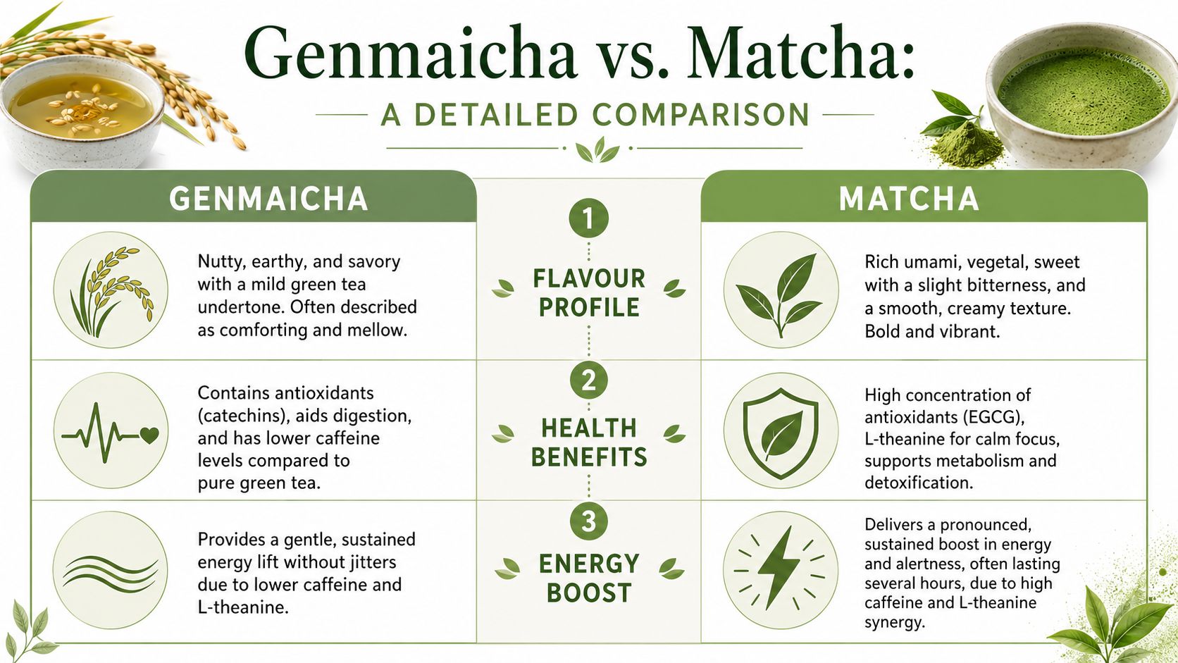 A comparison chart outlining the differences in flavour, health benefits, and energy boost between Genmaicha and Matcha green teas.