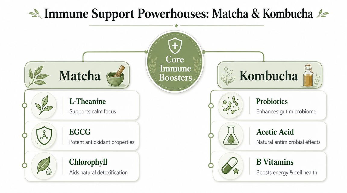 An infographic comparing the immune boosting properties of matcha tea and kombucha probiotic drink.