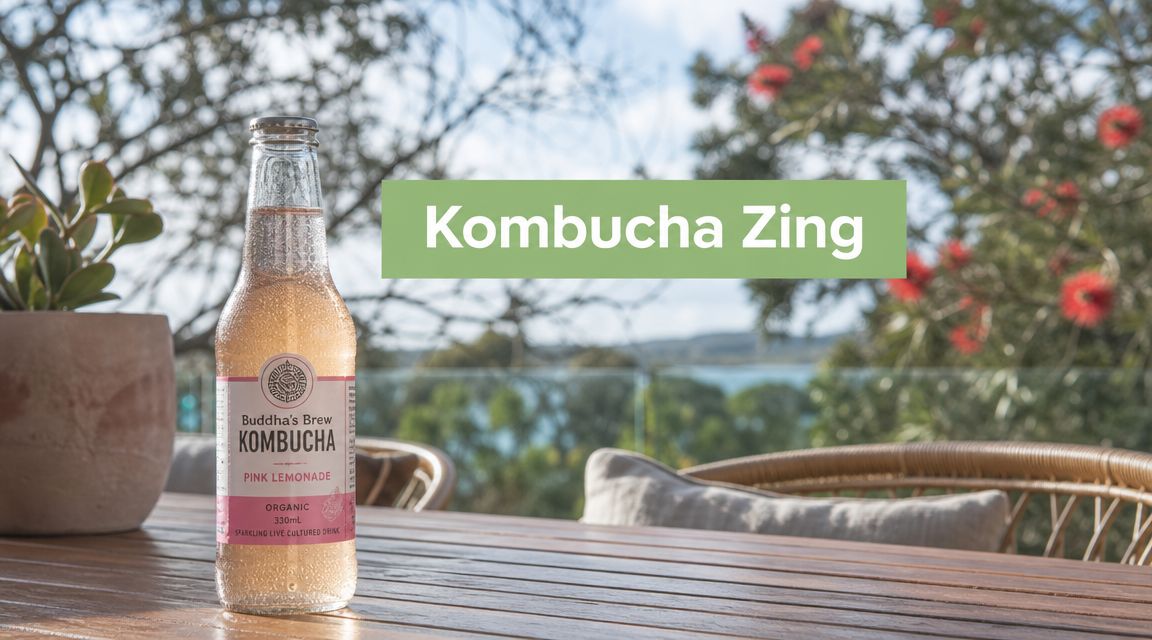 A glass bottle of Buddha's Brew Pink Lemonade Kombucha sitting on a wooden outdoor table.