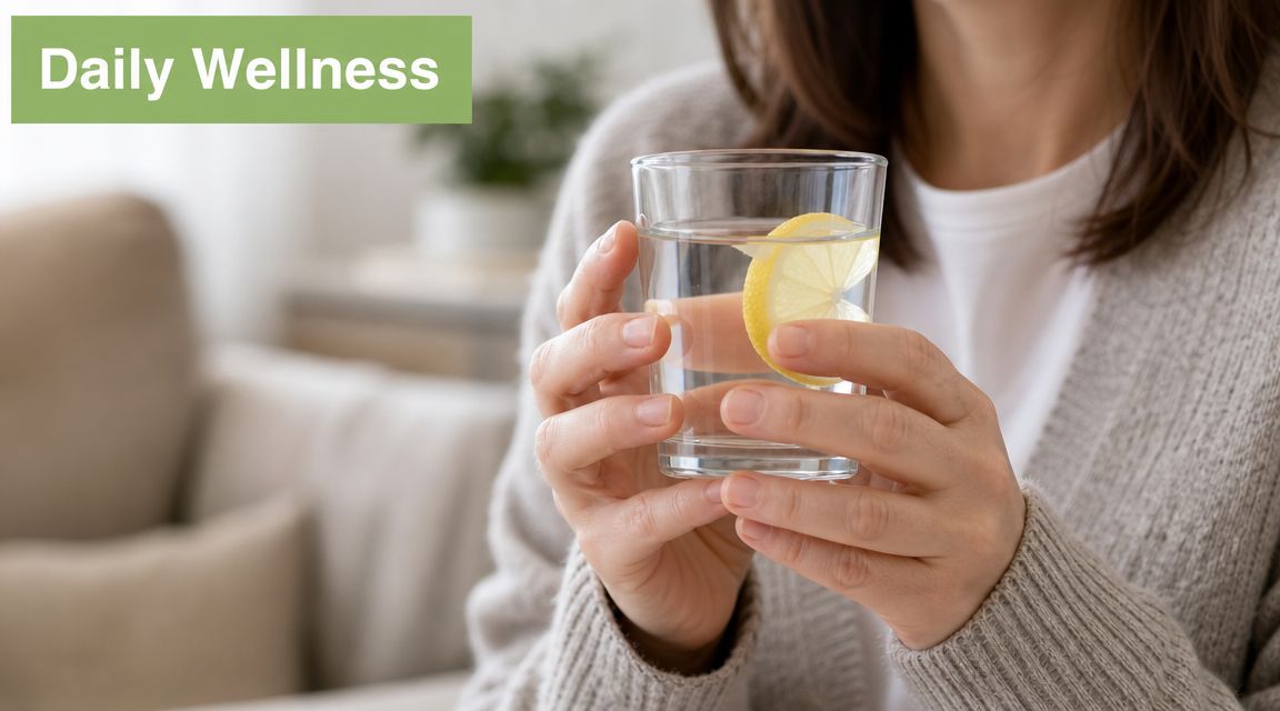 A woman holding a glass of water with a lemon slice for daily wellness and hydration.