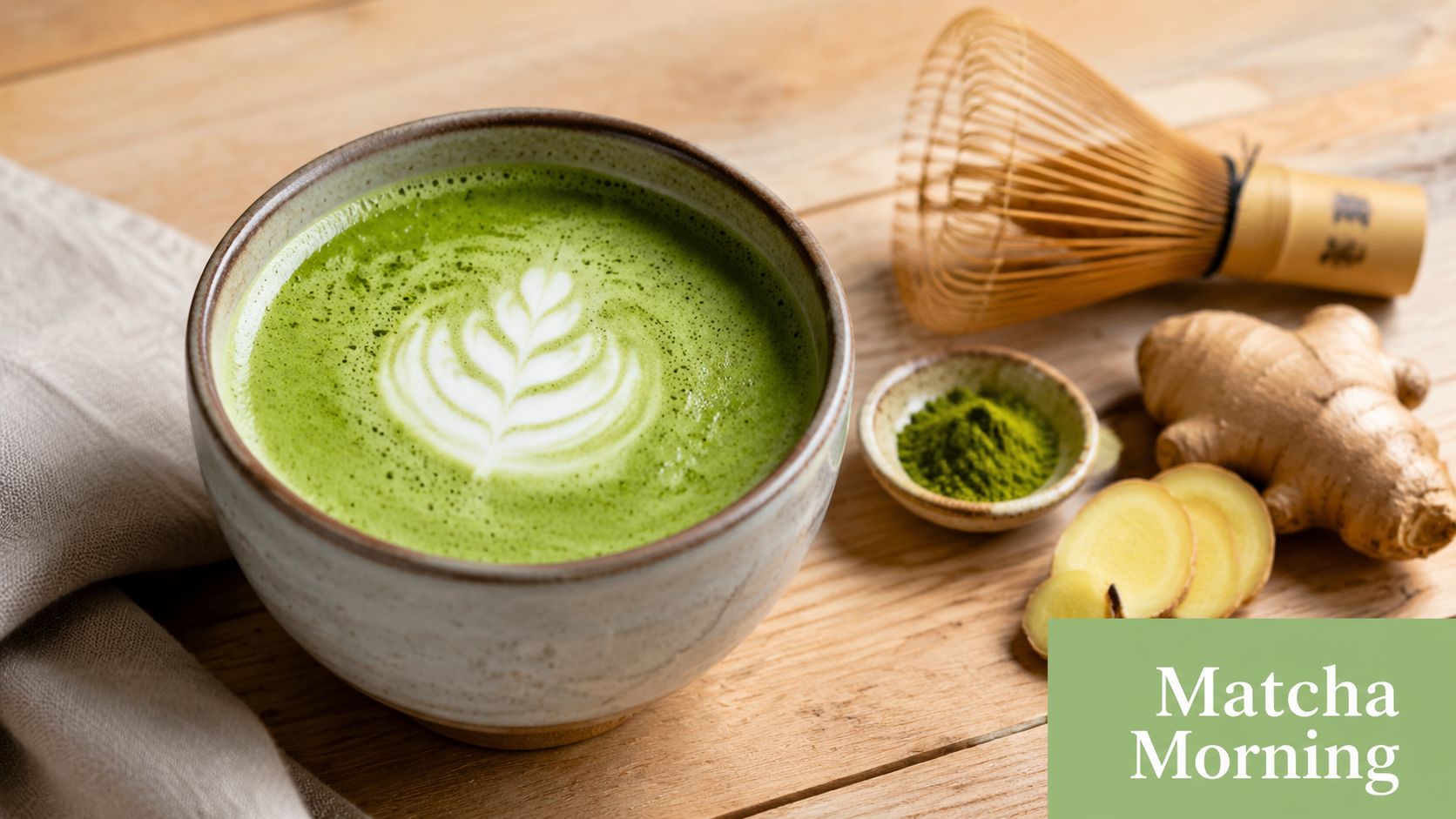 A warm cup of matcha latte on a wooden table with ginger, a whisk, and matcha powder.