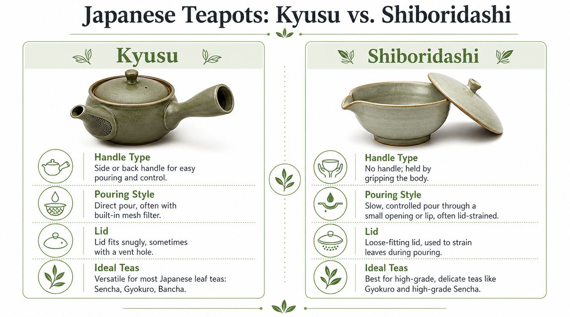 A comparison chart showing the differences between Kyusu and Shiboridashi Japanese teapots including design and usage.