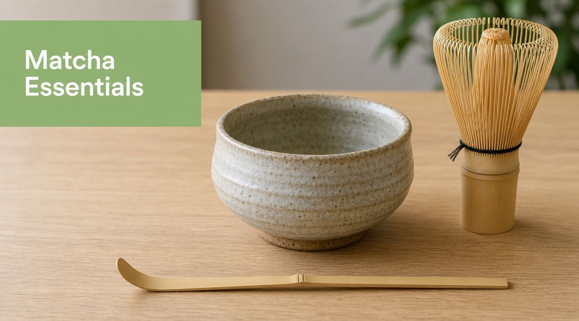 A ceramic matcha bowl, a bamboo whisk, and a bamboo tea scoop placed on a wooden table.