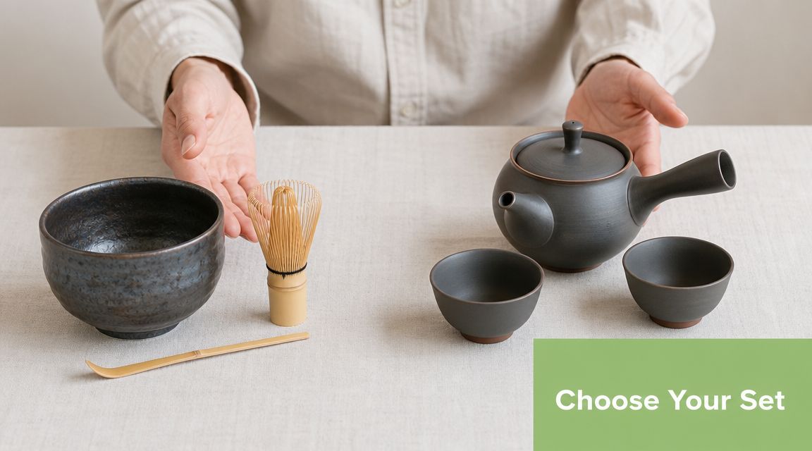 A person presenting a traditional Japanese tea set featuring ceramic bowls, a bamboo whisk, and a teapot.