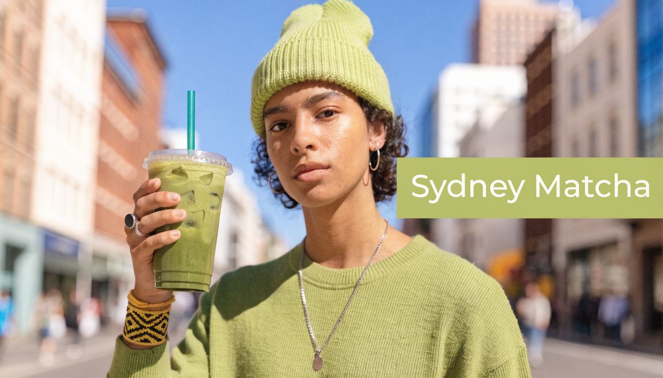 A person wearing a green beanie and sweater holding a refreshing iced matcha drink in Sydney.