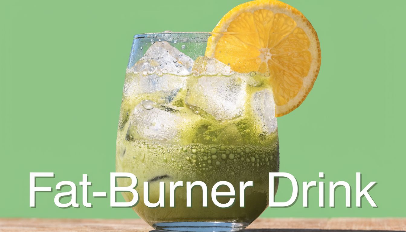 A refreshing green matcha drink with ice cubes and a lemon slice on a wooden surface.