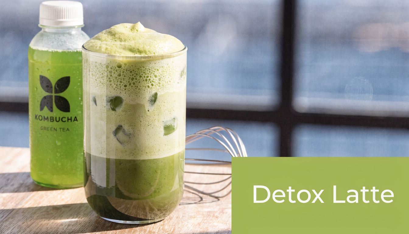 A refreshing green matcha drink served with ice next to a bottle of green tea kombucha.