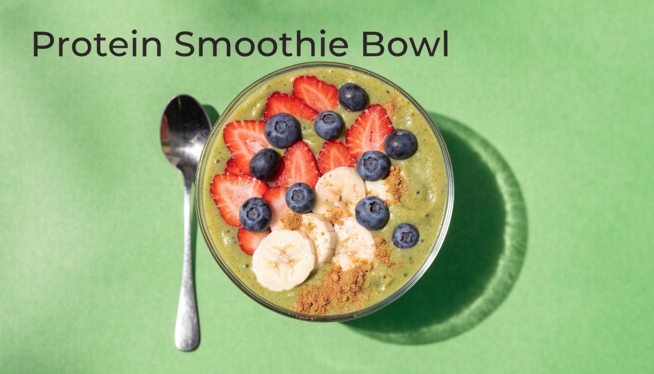 A healthy green protein smoothie bowl topped with sliced strawberries, fresh blueberries, and banana slices.