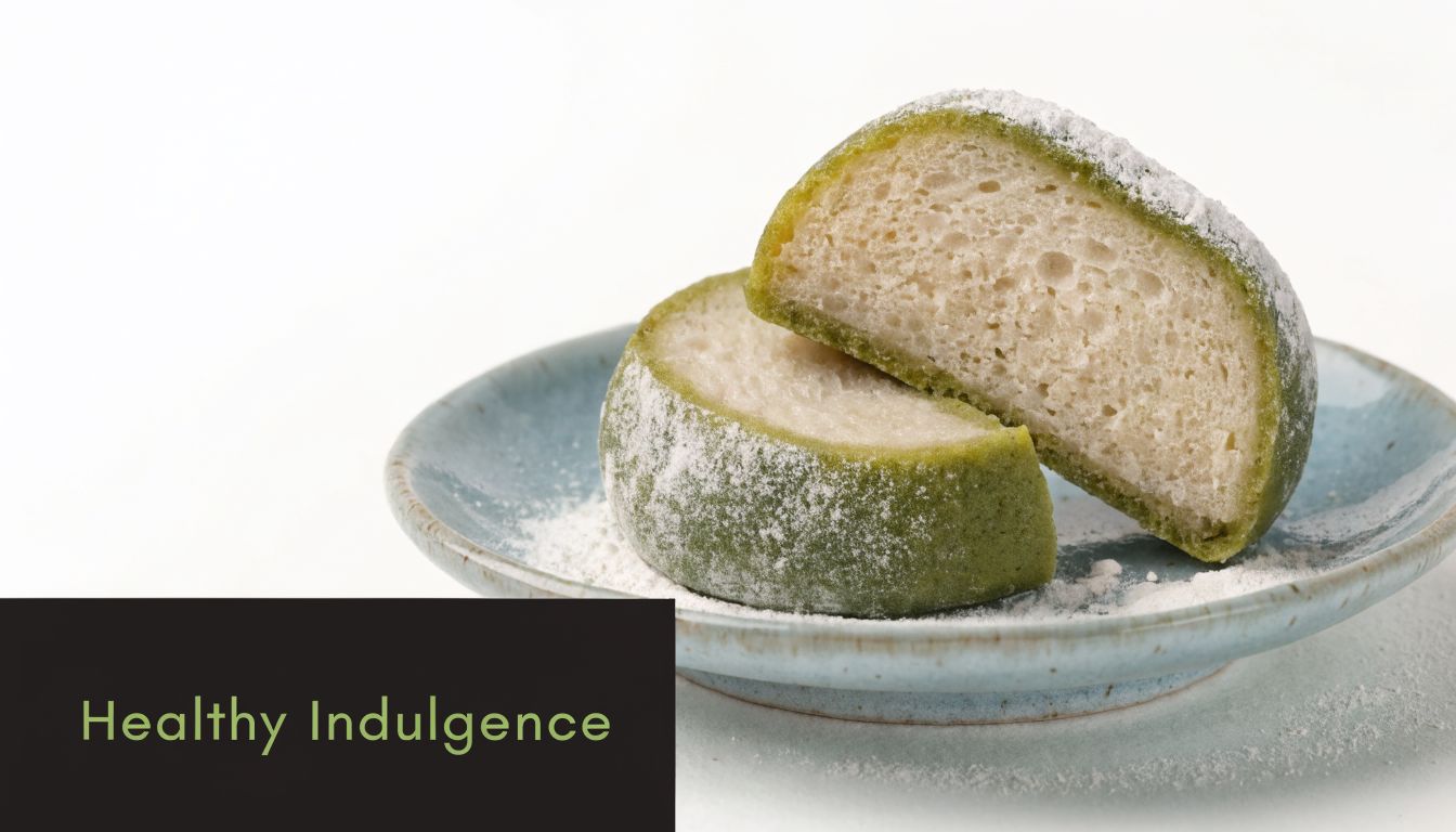 A close-up of green matcha-dusted mochi cut in half on a small rustic blue ceramic plate.