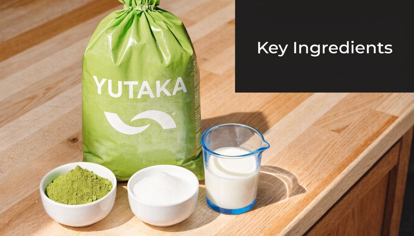 Ingredients for a matcha mochi recipe including Yutaka matcha powder, white sugar, and a glass of milk.