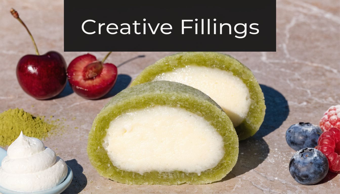 Two halves of a matcha mochi ice cream dessert filled with cream, surrounded by fresh fruits.