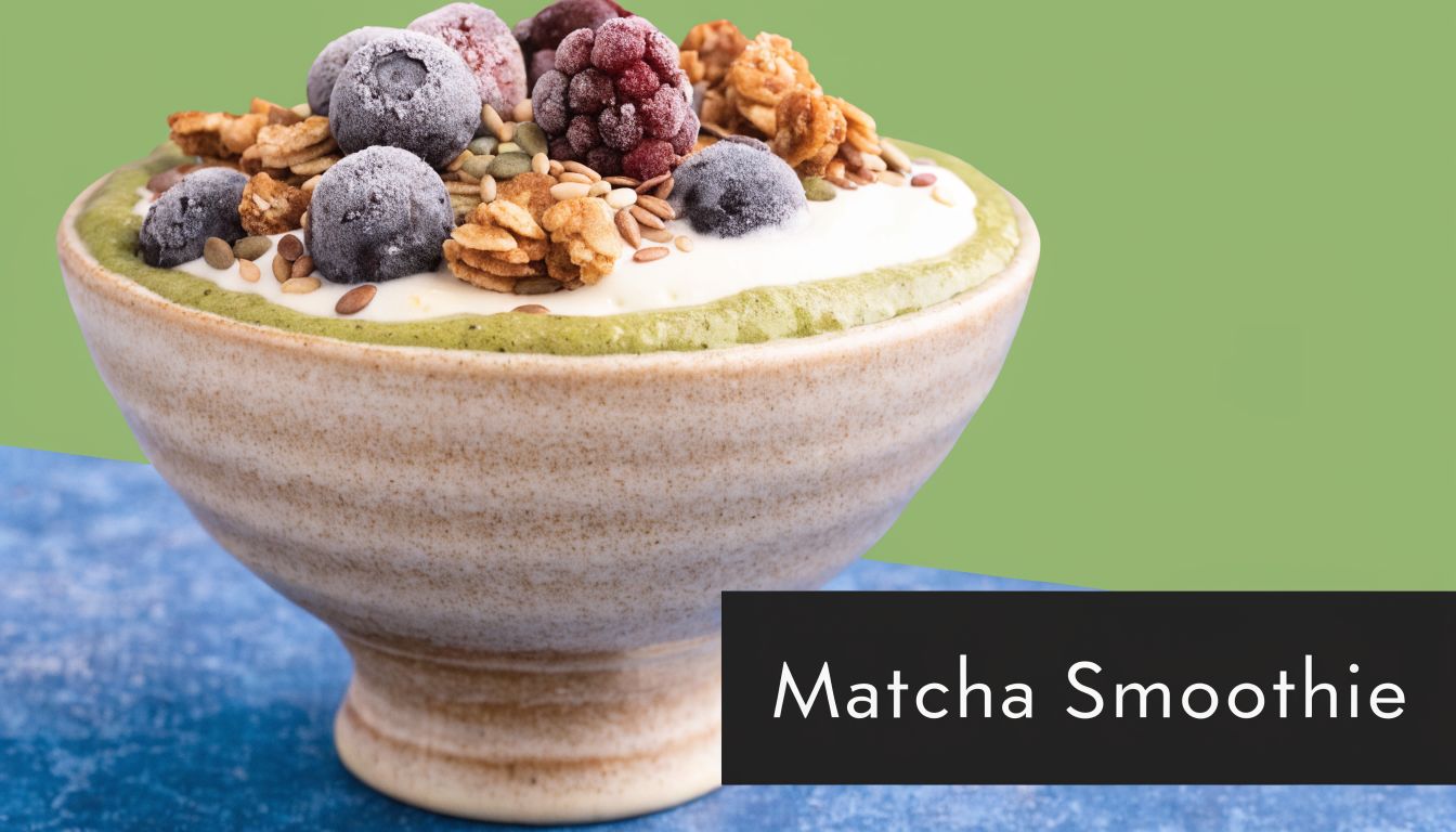 A ceramic bowl filled with a healthy matcha smoothie topped with fresh berries and crunchy granola.