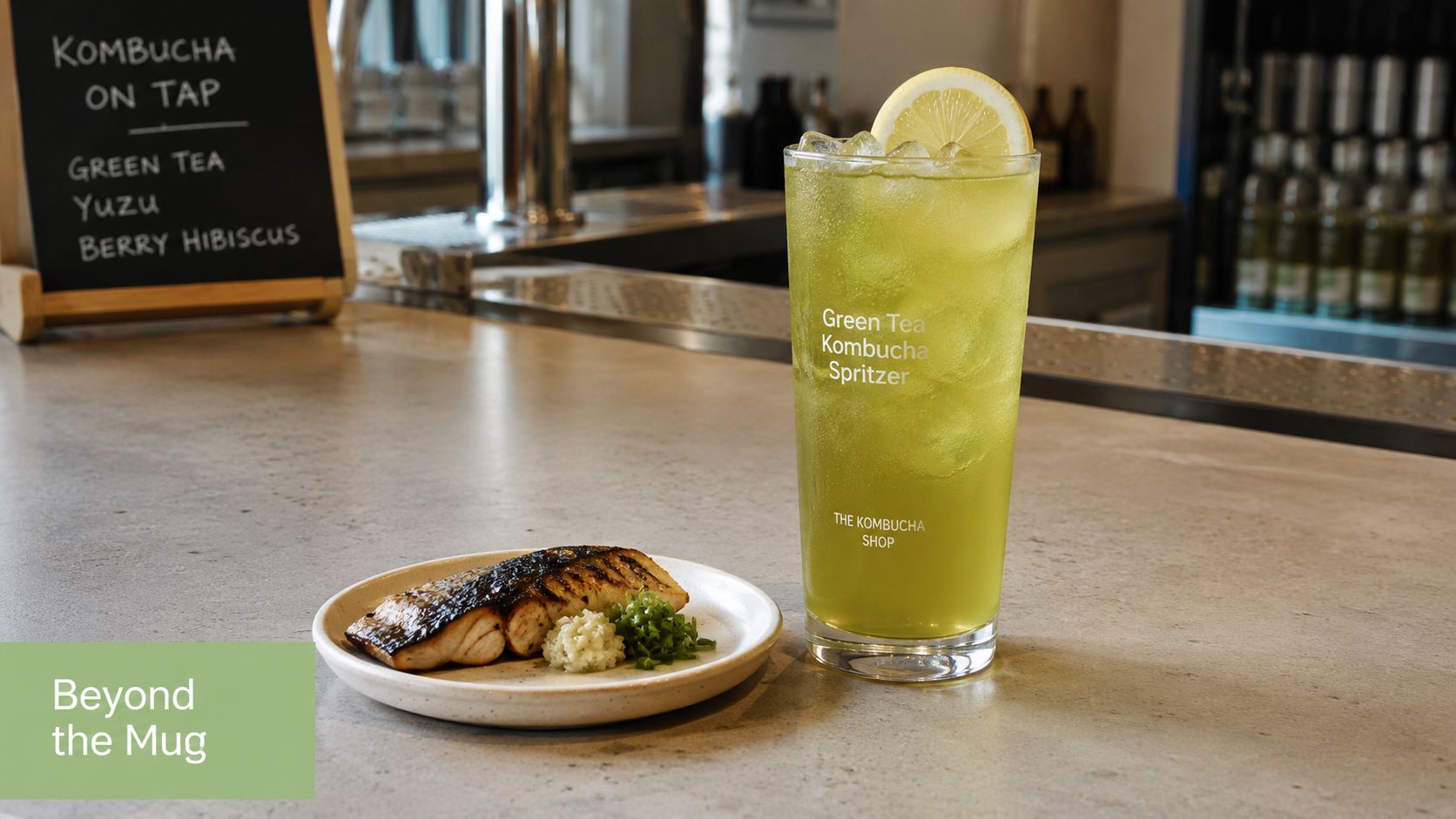 A grilled salmon fillet served on a plate next to a refreshing iced green tea kombucha spritzer.