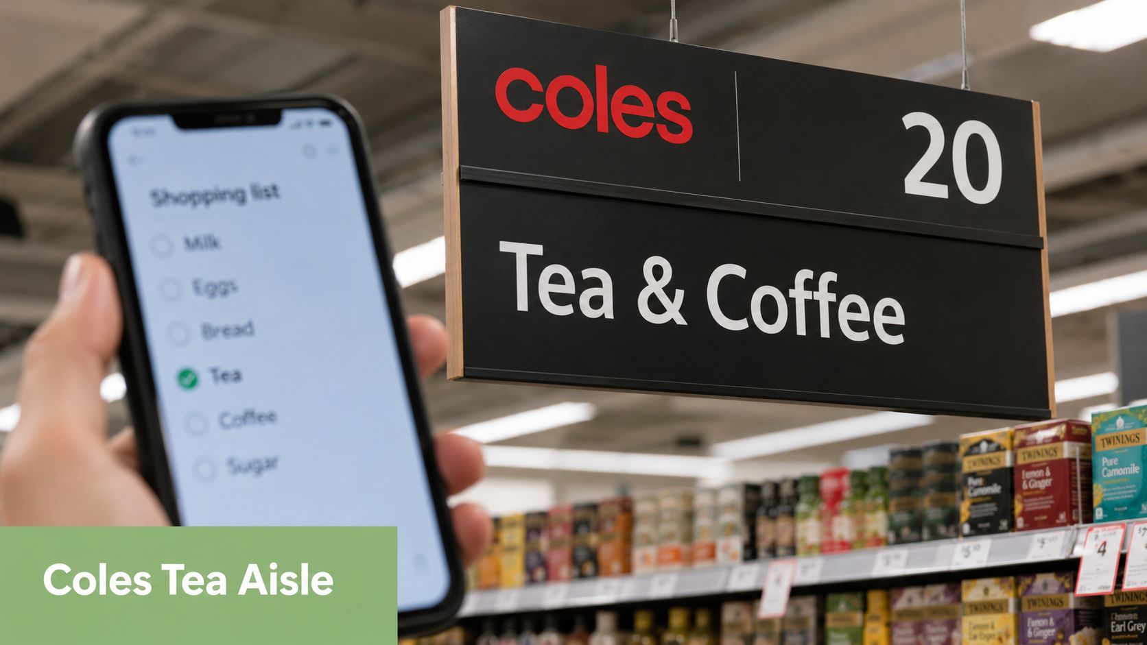 A person holds a phone displaying a shopping list in a Coles supermarket aisle with tea signage.