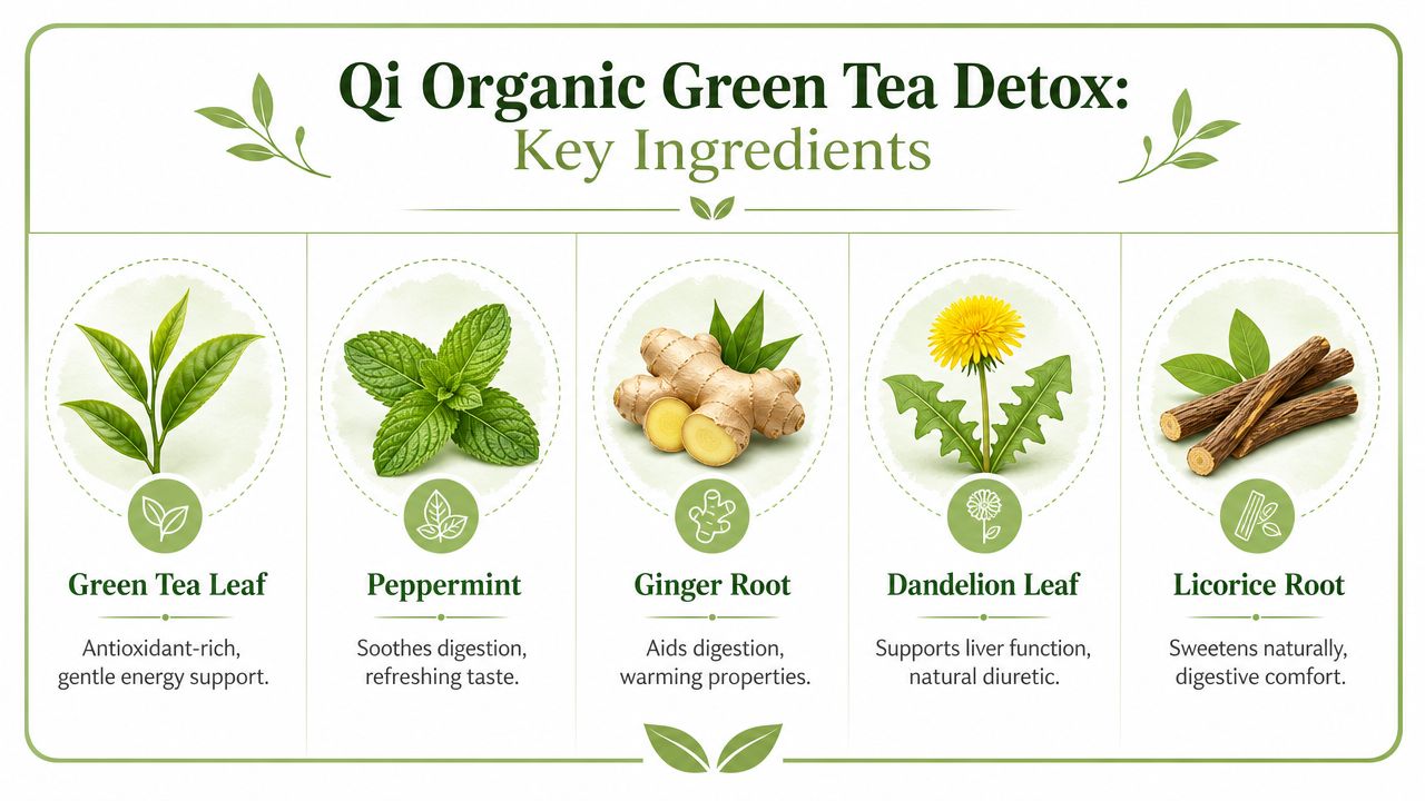 A detailed infographic showcasing the five key ingredients of Qi Organic Green Tea Detox and their benefits.