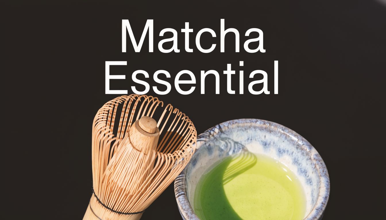A bamboo matcha whisk sits next to a small, ceramic bowl filled with vibrant green matcha tea.