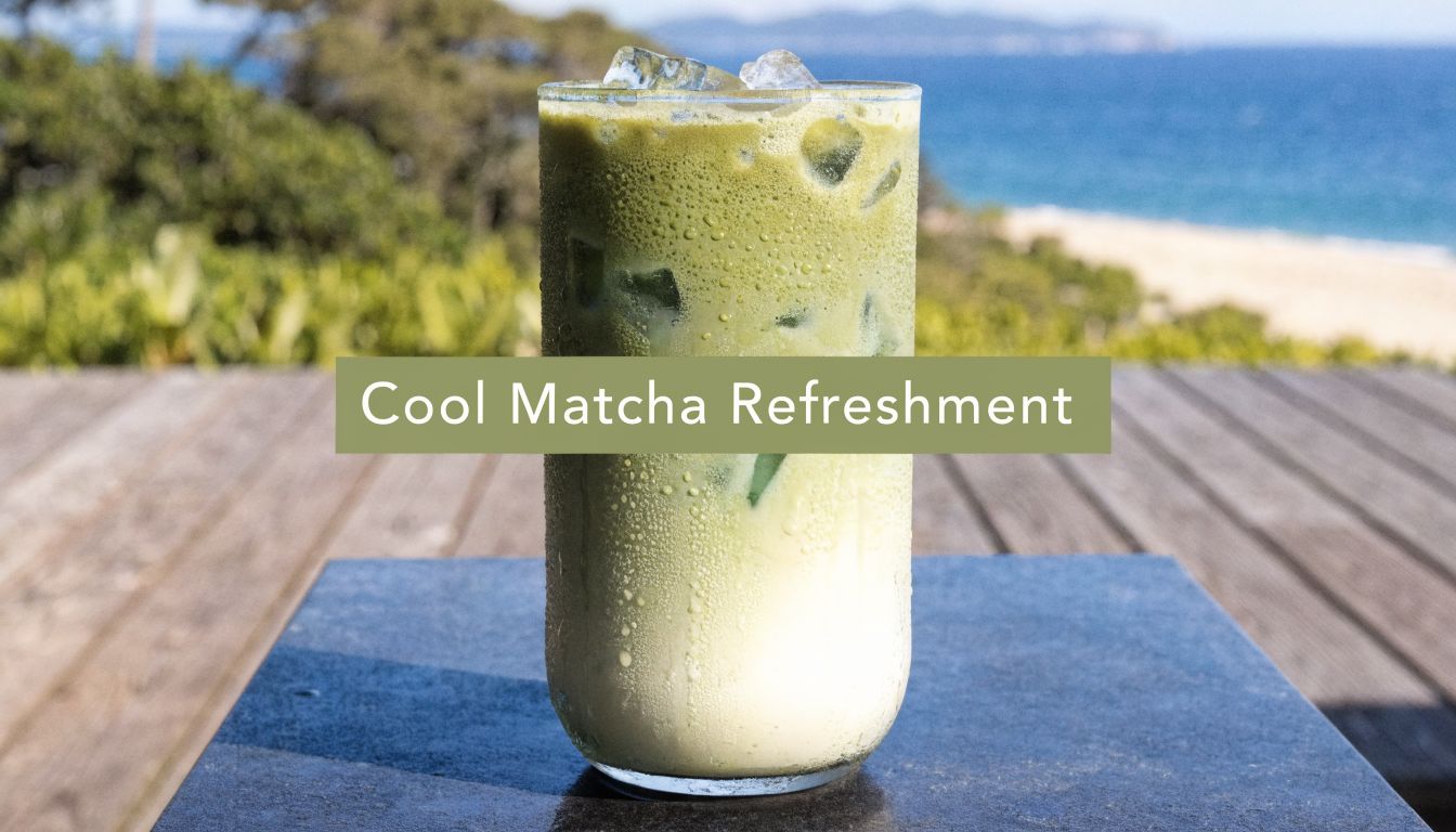 A refreshing iced matcha latte served in a clear glass on a table near the beach.