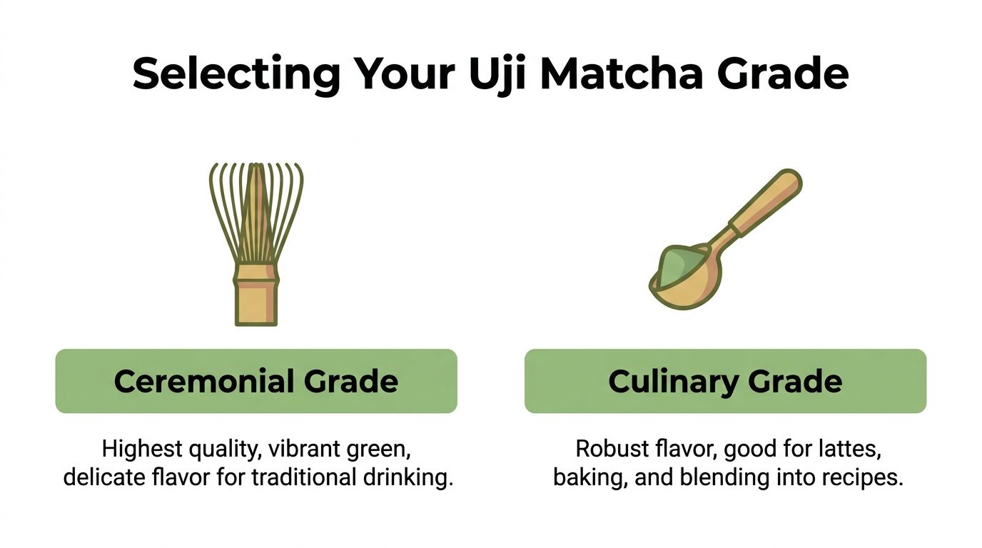 A comparison guide for choosing between ceremonial grade matcha and culinary grade matcha for various uses.