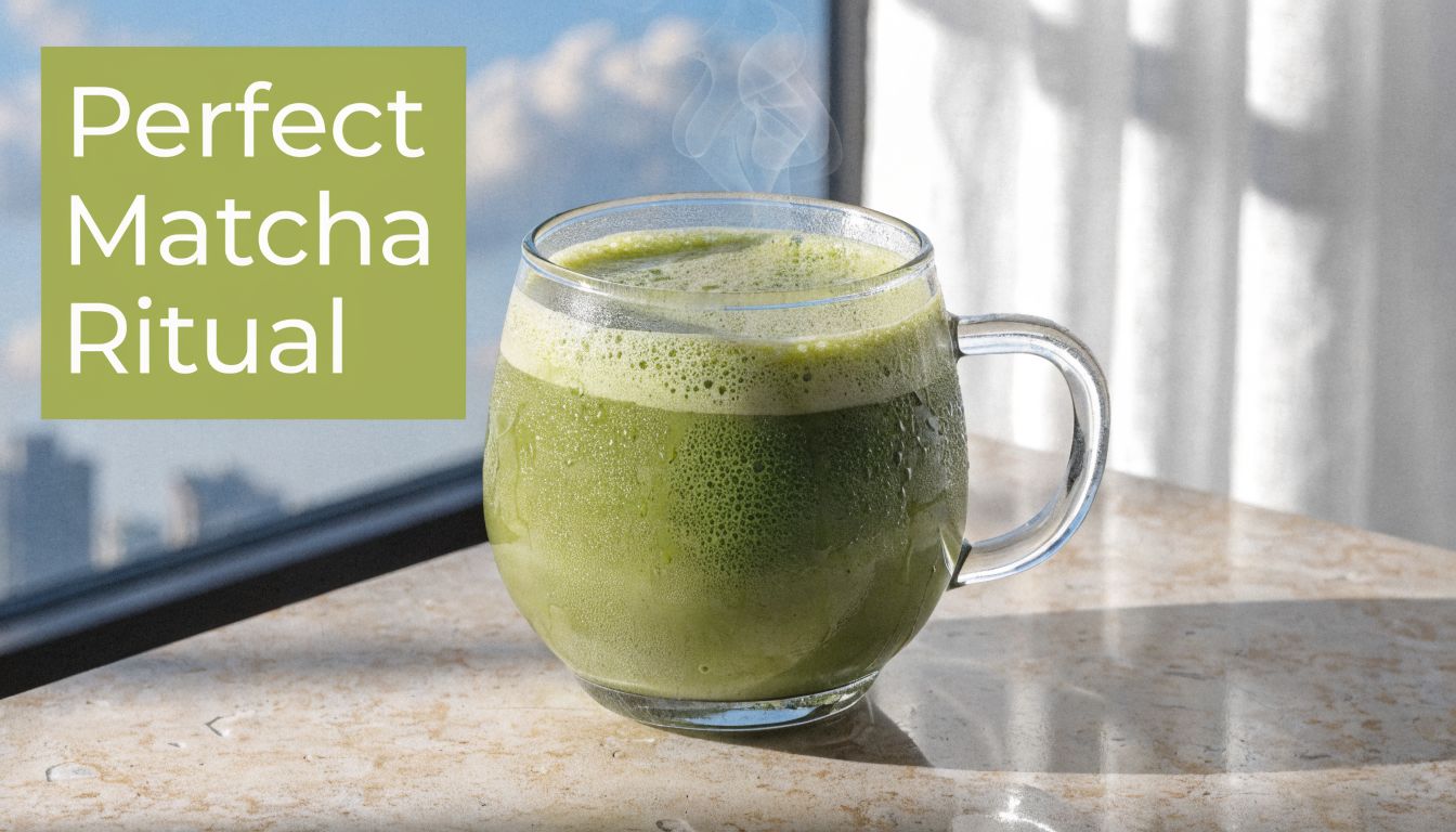 A steaming, frothy green matcha latte served in a glass mug on a marble surface by a window.