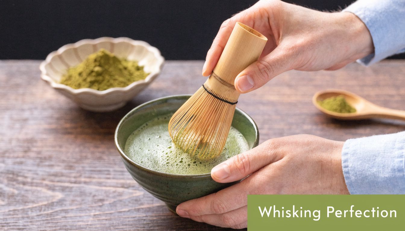 A person whisking green matcha tea in a ceramic bowl with a traditional bamboo whisk on a table.