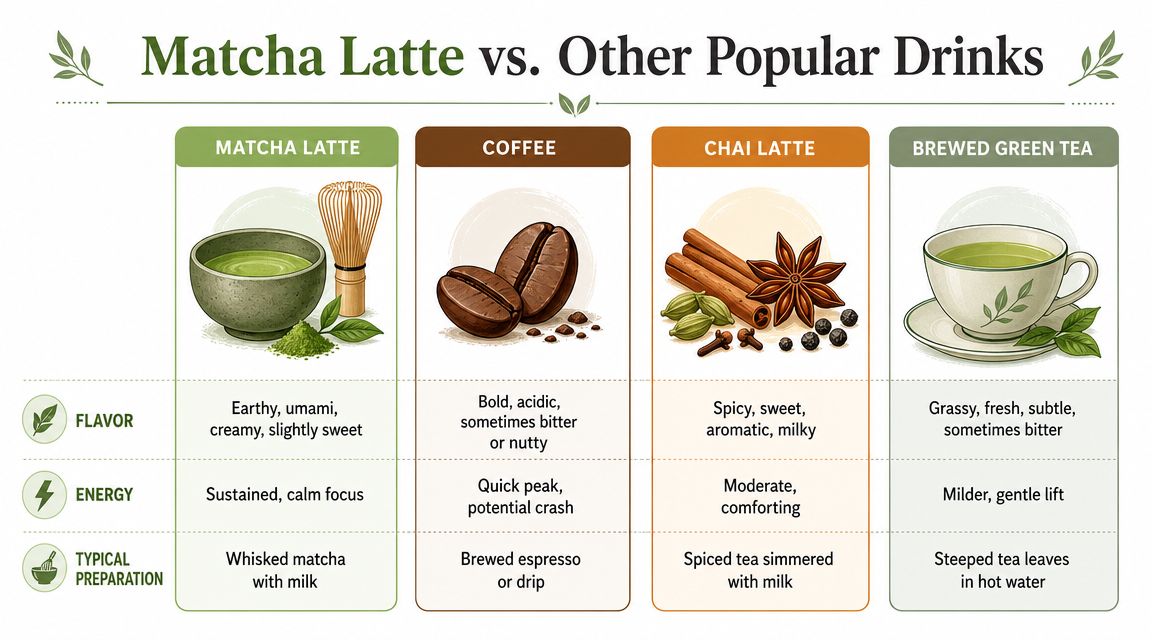 A comparison chart highlighting flavor, energy, and preparation of matcha latte versus coffee, chai latte, and green tea.