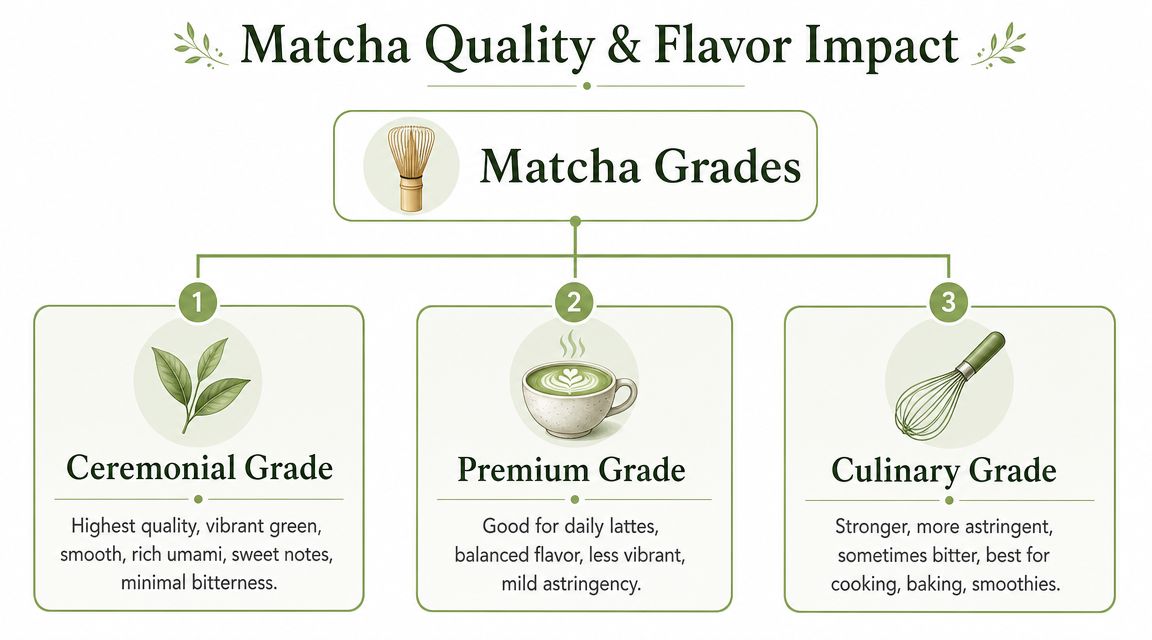 A chart illustrating the three grades of matcha: Ceremonial, Premium, and Culinary, with their flavor characteristics.