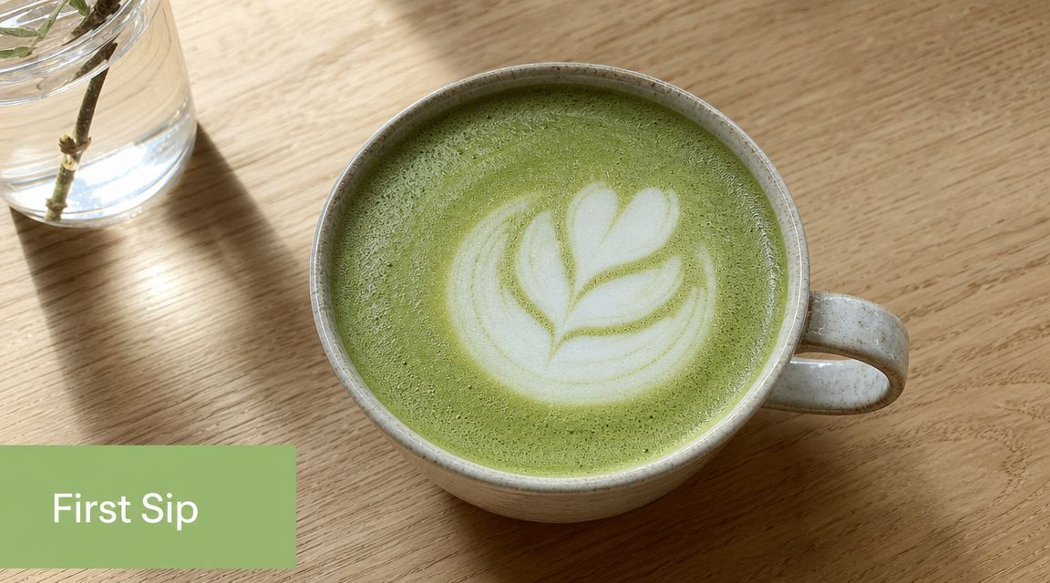 A ceramic mug of matcha latte with delicate leaf latte art sitting on a wooden surface.